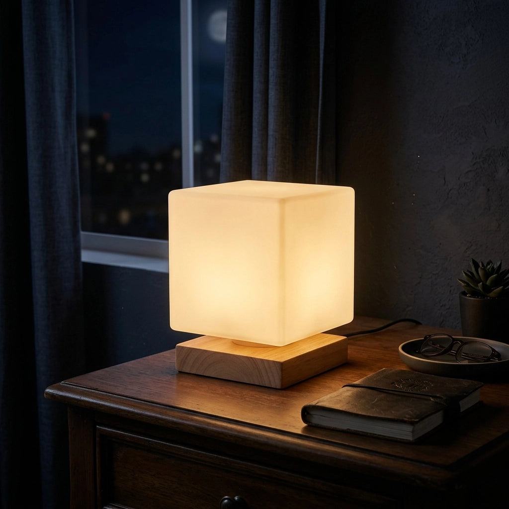 Citylumi Nordic Geometric Solid Wood Table Lamp - Opal Frosted Glass Orb & Cube Night Light for Japandi & Wabi-Sabi Decor - USB Cordless Rechargeable Option