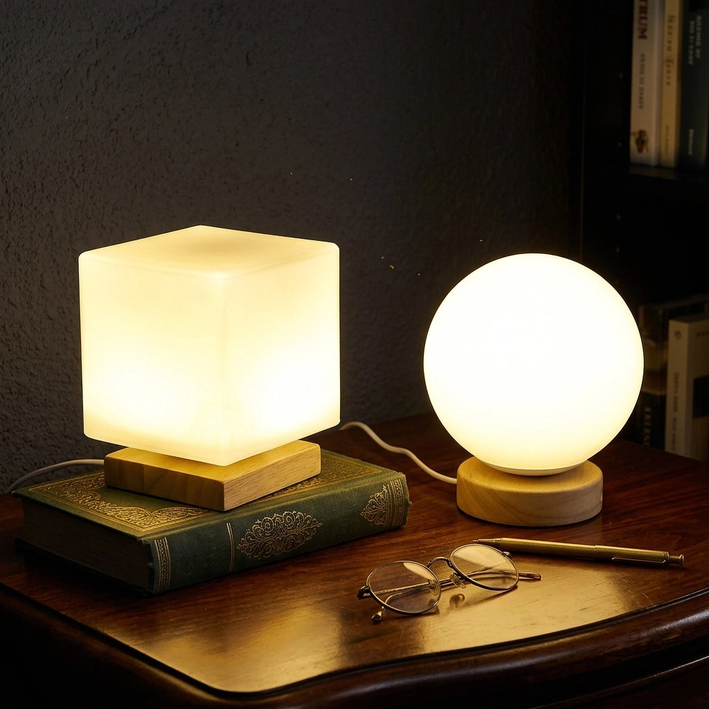 Citylumi Nordic Geometric Solid Wood Table Lamp - Opal Frosted Glass Orb & Cube Night Light for Japandi & Wabi-Sabi Decor - USB Cordless Rechargeable Option