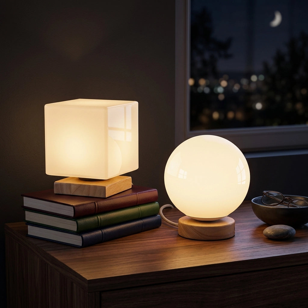Citylumi Nordic Geometric Solid Wood Table Lamp - Opal Frosted Glass Orb & Cube Night Light for Japandi & Wabi-Sabi Decor - USB Cordless Rechargeable Option