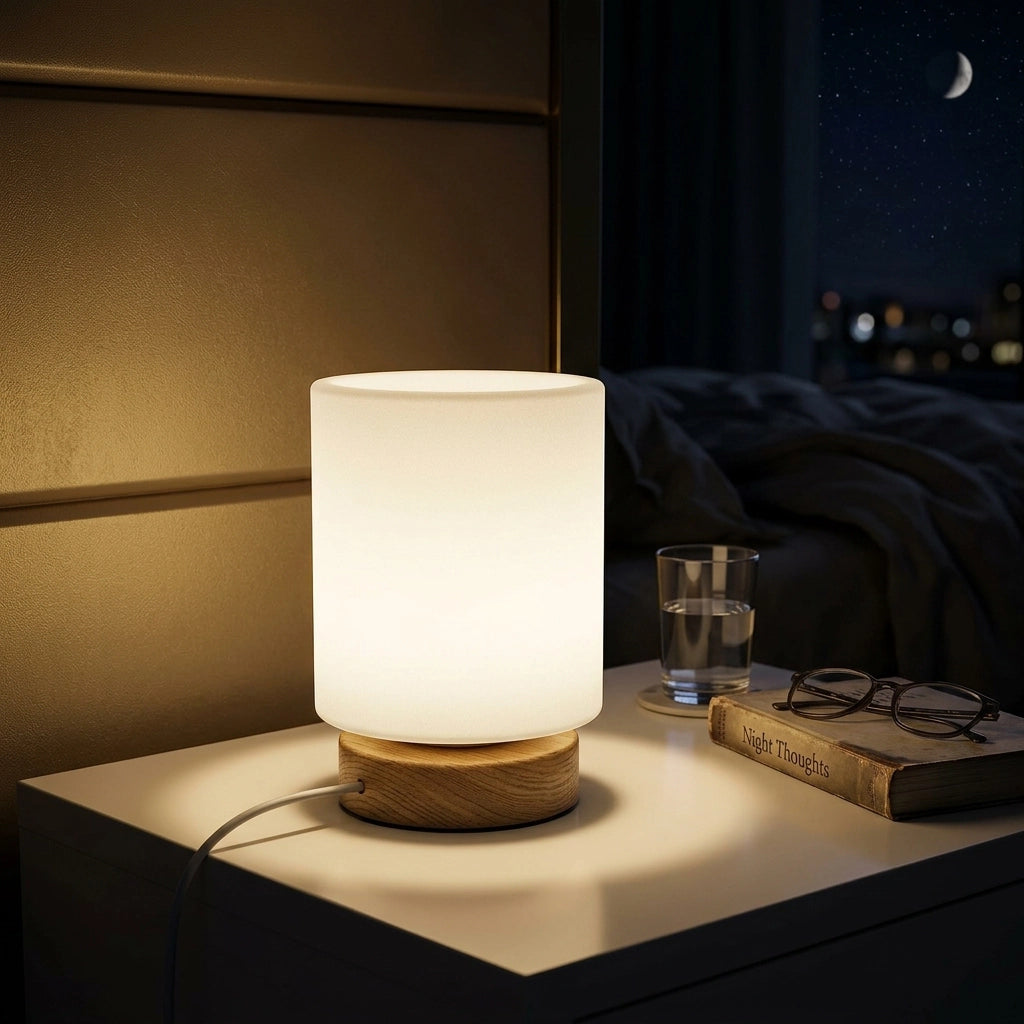 Citylumi Nordic Geometric Solid Wood Table Lamp - Opal Frosted Glass Orb & Cube Night Light for Japandi & Wabi-Sabi Decor - USB Cordless Rechargeable Option