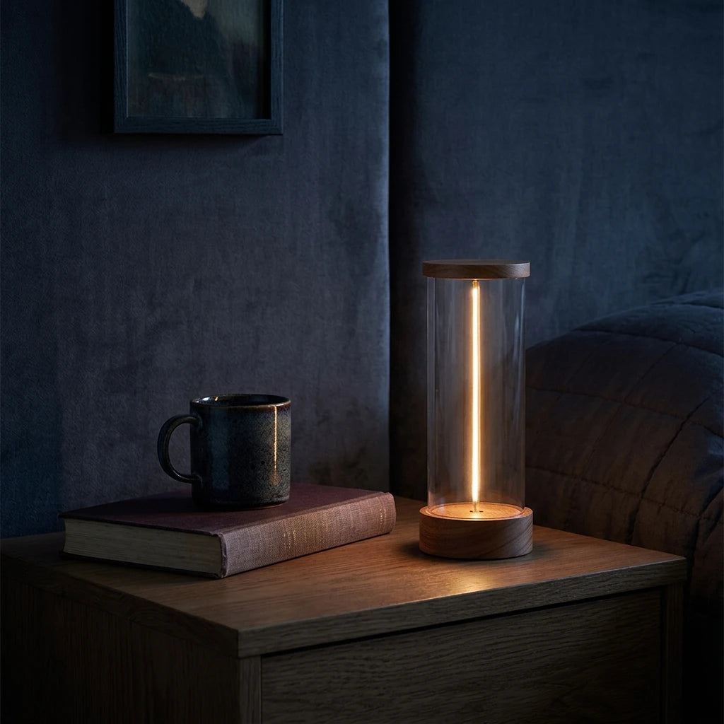 Citylumi Quantum Filament Retro Table Lamp - Portable Cordless Ambient Night Light with Wood Grain Accents & Touch Dimming for Glamping, Bar & Bedside