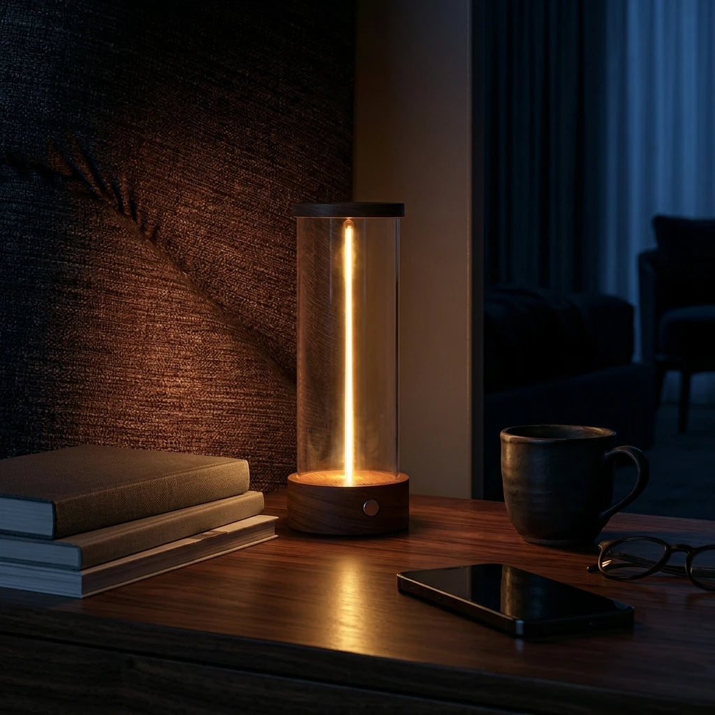 Citylumi Quantum Filament Retro Table Lamp - Portable Cordless Ambient Night Light with Wood Grain Accents & Touch Dimming for Glamping, Bar & Bedside