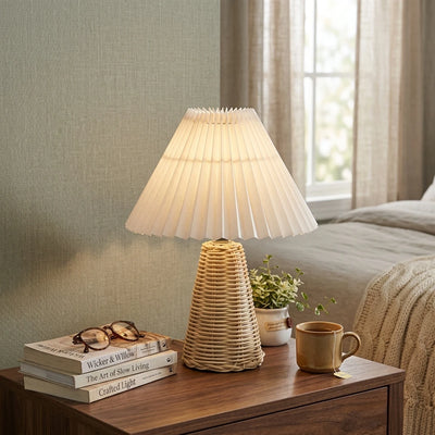 Citylumi Rattan Orb Pleated Table Lamp - Hand-Woven Aesthetic Bedside Light for Coastal Grandma & Boho Cottagecore Decor