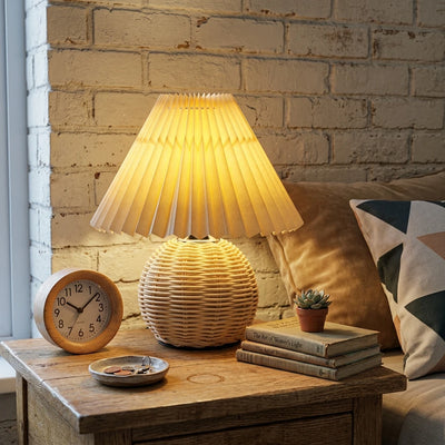Citylumi Rattan Orb Pleated Table Lamp - Hand-Woven Aesthetic Bedside Light for Coastal Grandma & Boho Cottagecore Decor