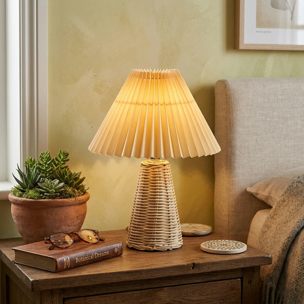 Citylumi Rattan Orb Pleated Table Lamp - Hand-Woven Aesthetic Bedside Light for Coastal Grandma & Boho Cottagecore Decor