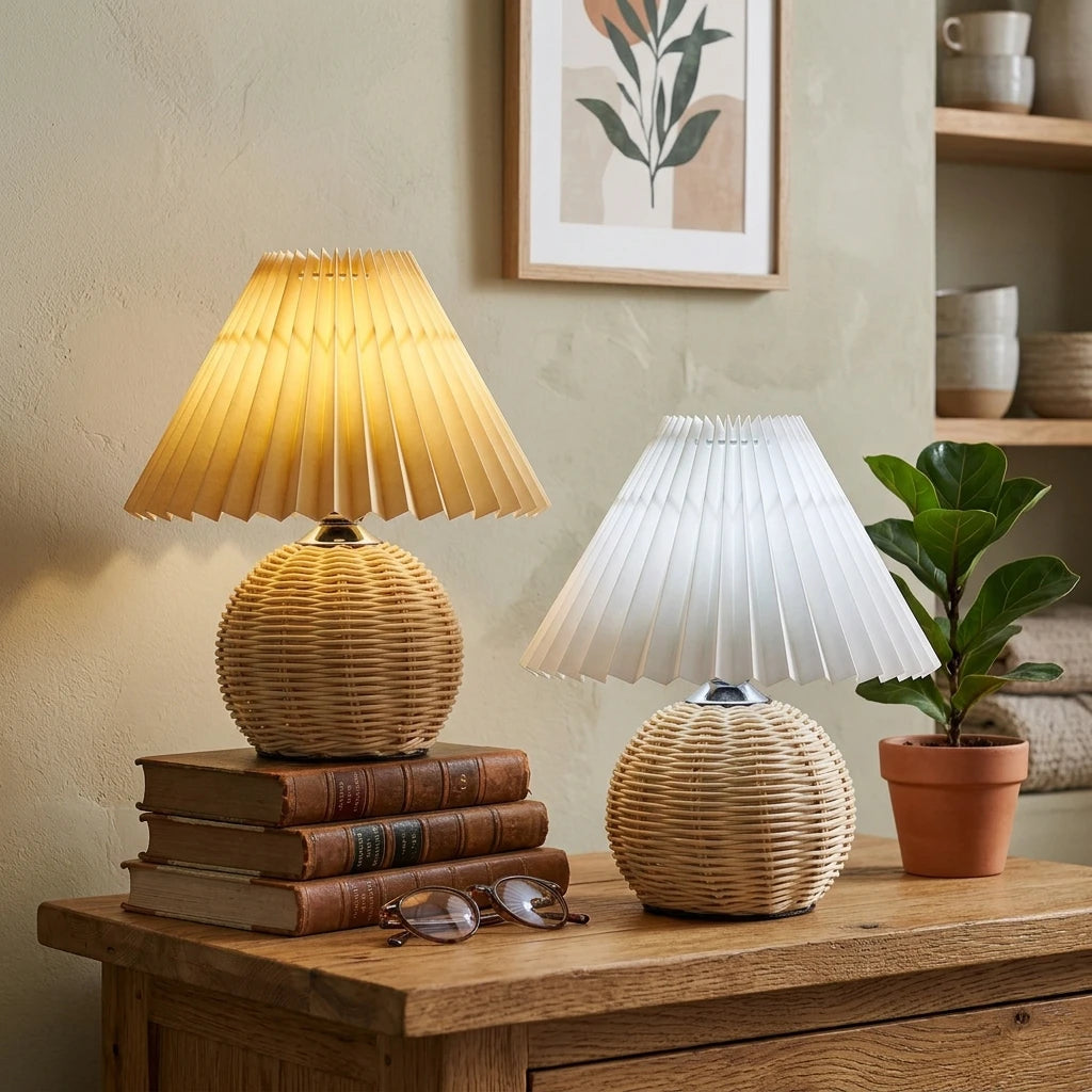 Citylumi Rattan Orb Pleated Table Lamp - Hand-Woven Aesthetic Bedside Light for Coastal Grandma & Boho Cottagecore Decor