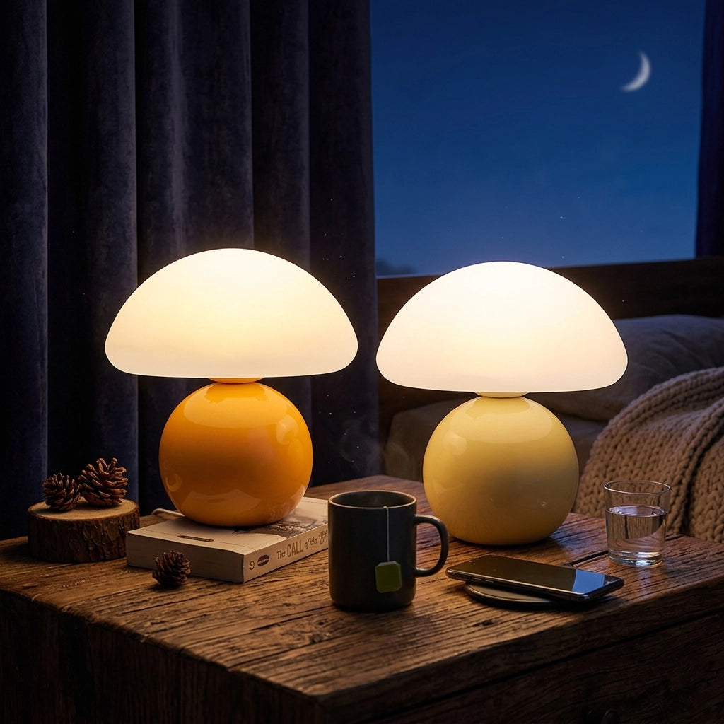 Citylumi Retro Mushroom Ceramic Table Lamp - Mid-Century Modern Accent Light with Glossy Base & Soft Glow Shade for Bedside, Study & Aesthetic Home Decor