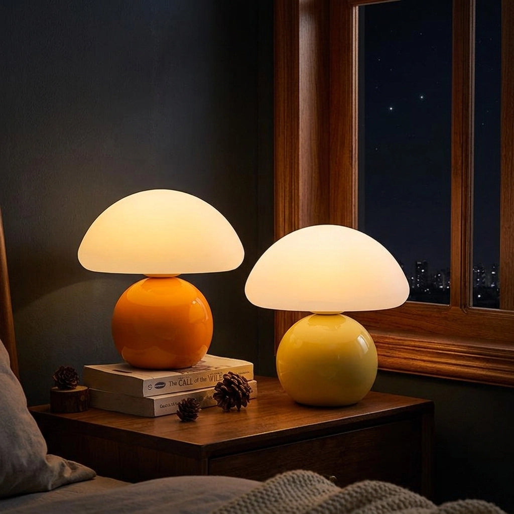 Citylumi Retro Mushroom Ceramic Table Lamp - Mid-Century Modern Accent Light with Glossy Base & Soft Glow Shade for Bedside, Study & Aesthetic Home Decor