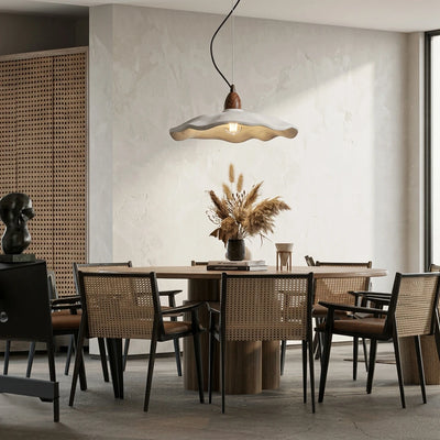 CityLumi Terra Zen Wabi-Sabi Pendant Light - Handcrafted Travertine-Texture Stone Chandelier with Scalloped Edge & Walnut Accents (Japandi & Organic Modern Style)