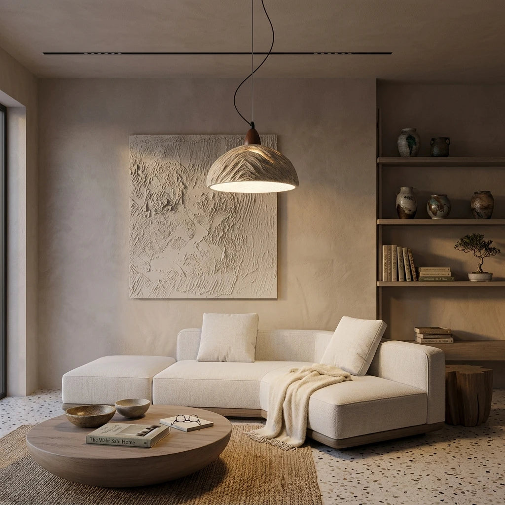 CityLumi Terra Zen Wabi-Sabi Pendant Light - Handcrafted Travertine-Texture Stone Chandelier with Scalloped Edge & Walnut Accents (Japandi & Organic Modern Style)