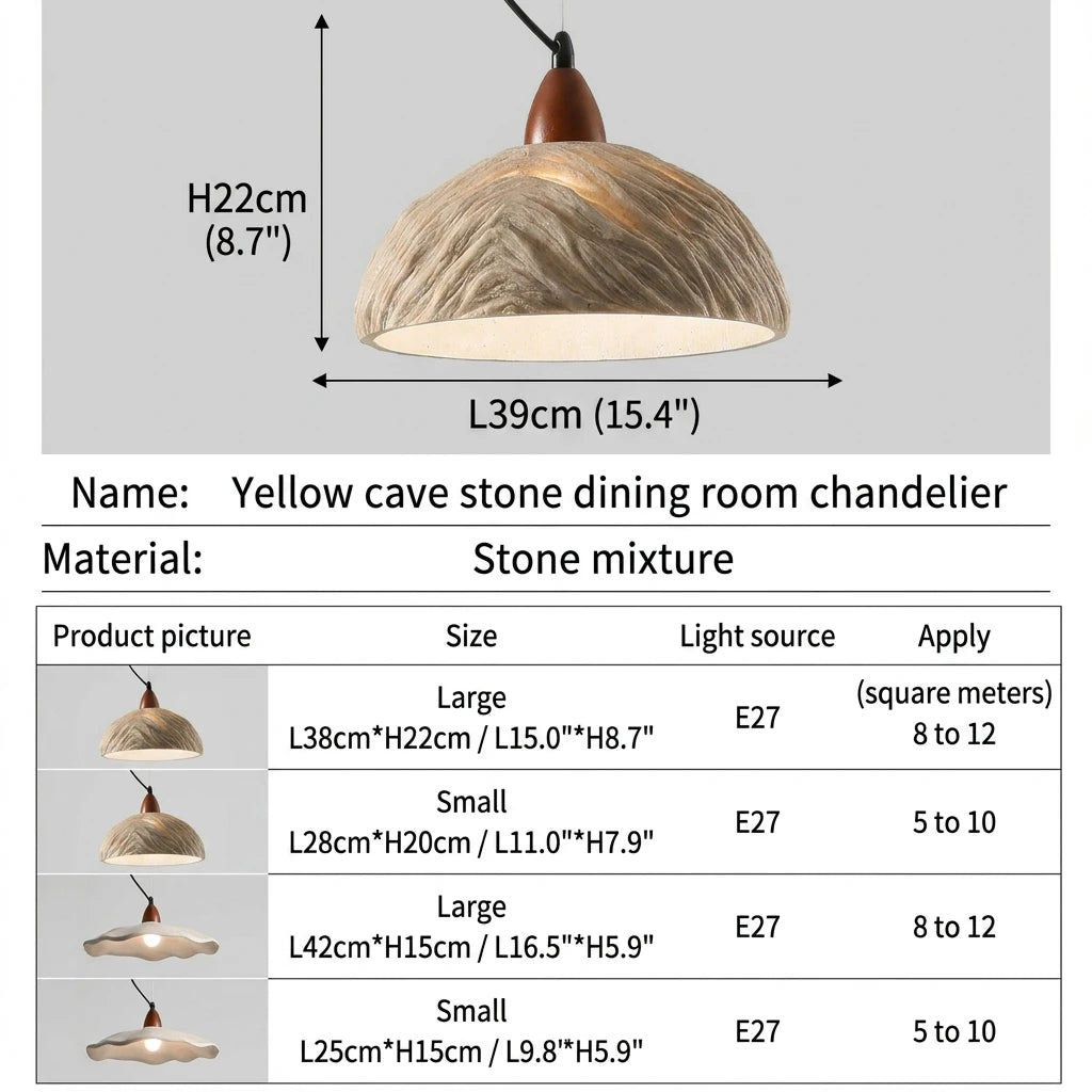 CityLumi Terra Zen Wabi-Sabi Pendant Light - Handcrafted Travertine-Texture Stone Chandelier with Scalloped Edge & Walnut Accents (Japandi & Organic Modern Style)