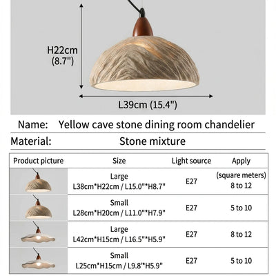 CityLumi Terra Zen Wabi-Sabi Pendant Light - Handcrafted Travertine-Texture Stone Chandelier with Scalloped Edge & Walnut Accents (Japandi & Organic Modern Style)