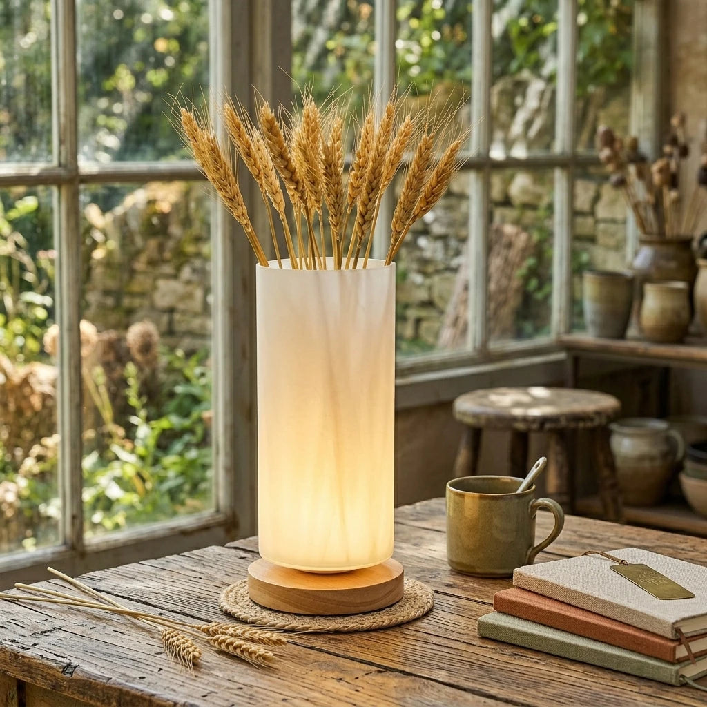 Citylumi Wabi-Sabi Glass Vase Ambient Table Lamp - Nordic Minimalist Night Light with Dried Flower Display & Solid Wood Base (USB Power)
