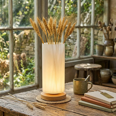 Citylumi Wabi-Sabi Glass Vase Ambient Table Lamp - Nordic Minimalist Night Light with Dried Flower Display & Solid Wood Base (USB Power)