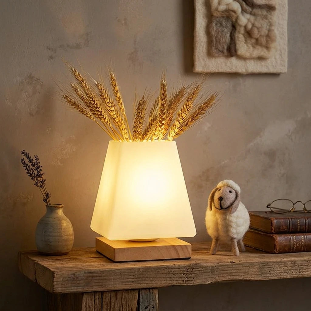 Citylumi Wabi-Sabi Glass Vase Ambient Table Lamp - Nordic Minimalist Night Light with Dried Flower Display & Solid Wood Base (USB Power)