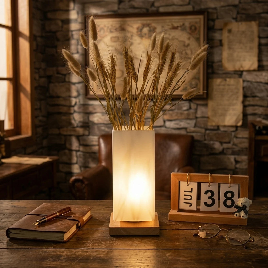 Citylumi Wabi-Sabi Glass Vase Ambient Table Lamp - Nordic Minimalist Night Light with Dried Flower Display & Solid Wood Base (USB Power)