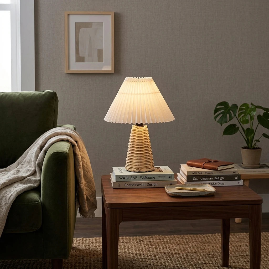 Citylumi Willow & Pleat Rattan Table Lamp - Vintage Boho Bedside Light for Coastal Grandma & Cottagecore Aesthetics (USB/US Plug)