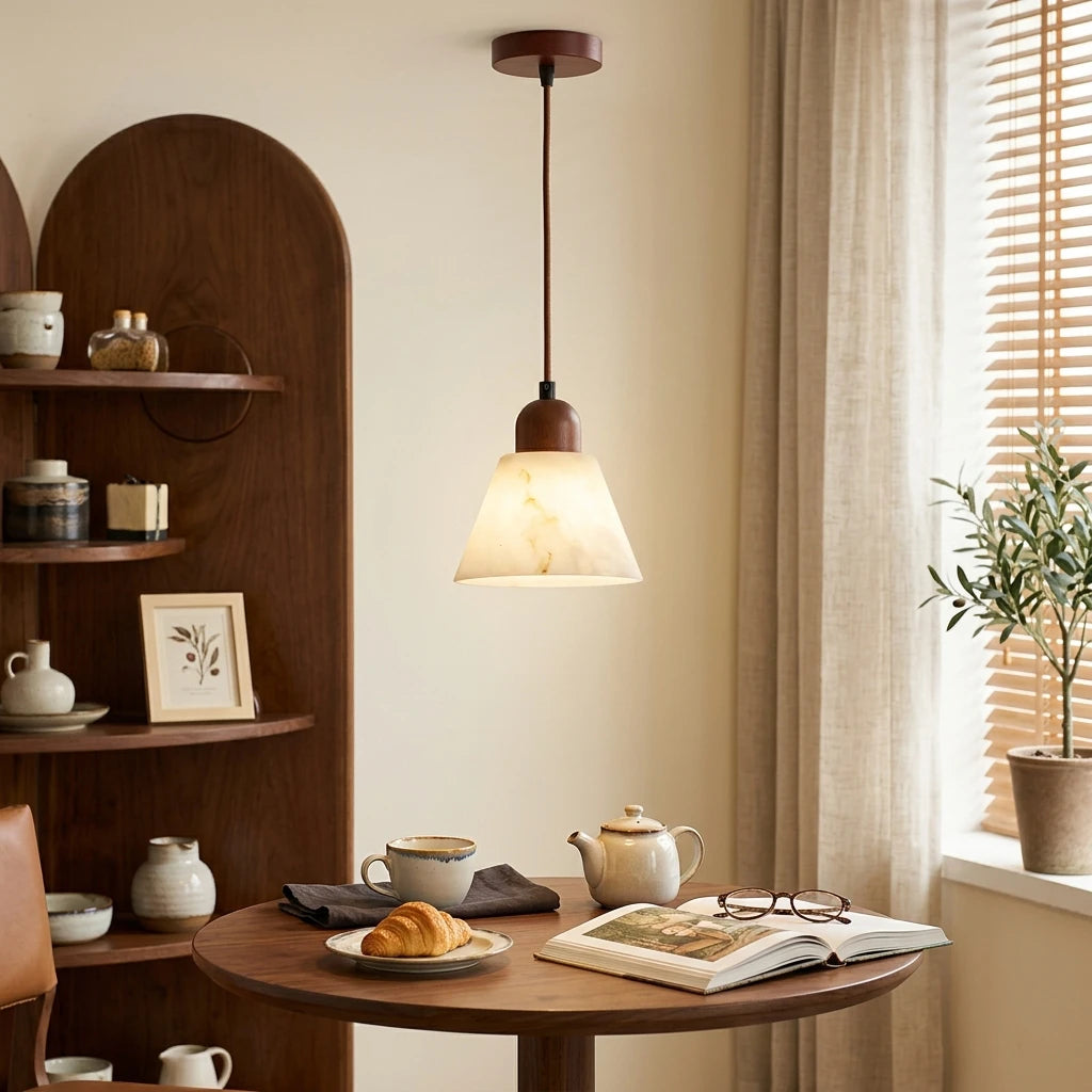 Citylumi Zen Alabaster Pendant Light - Wabi-Sabi Resin & Walnut Wood Hanging Lamp, Full Spectrum Light for Japandi Bedroom & Kitchen Island