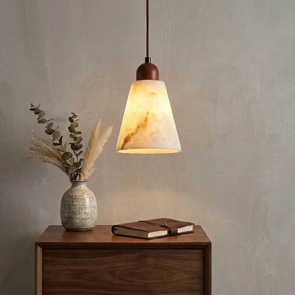 Citylumi Zen Alabaster Pendant Light - Wabi-Sabi Resin & Walnut Wood Hanging Lamp, Full Spectrum Light for Japandi Bedroom & Kitchen Island